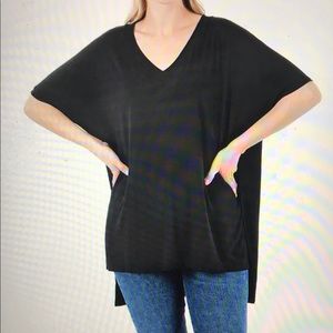 Oversize Sz XL Black V-Neck Half Sleeve Side Slit Top by Zenana